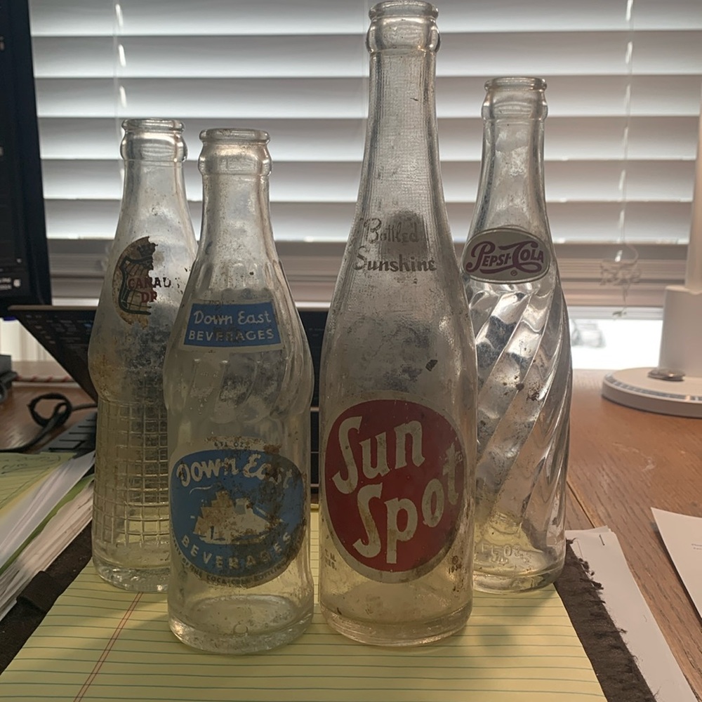 Vintage 1950’s-60’s glass Soda bottles—Pepsi, Sun Spot, Canada Dry, Down East